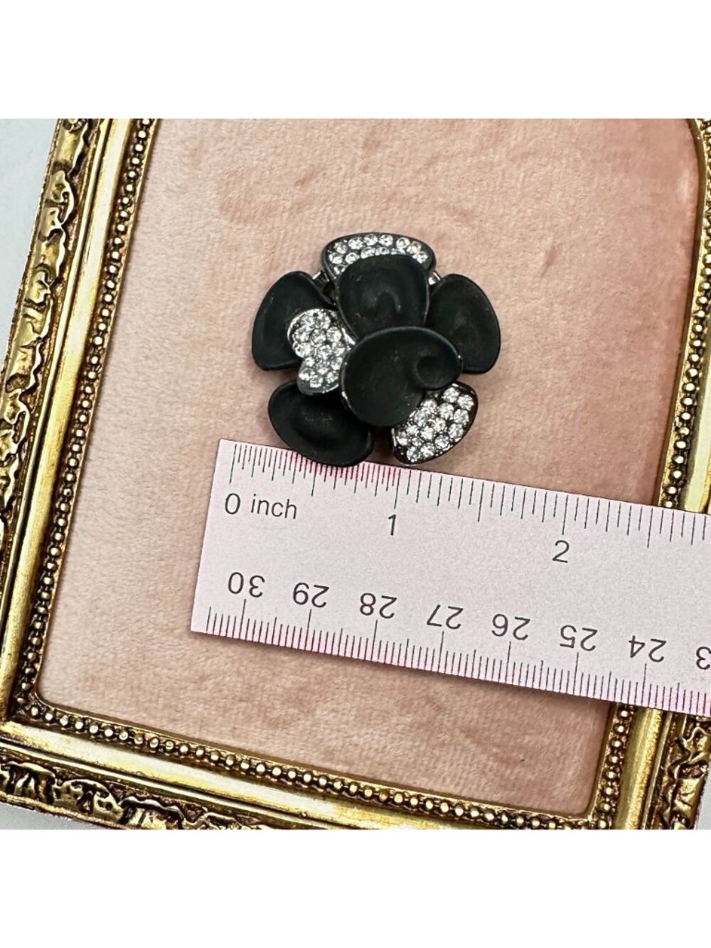 Black Matte Flower Scarf Clip With Crystal Accents Vintage Style - Picture 10 of 10